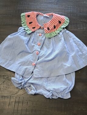 Vintage nursery rhymes watermelon outfit set. Bloomers. 12m. Euc